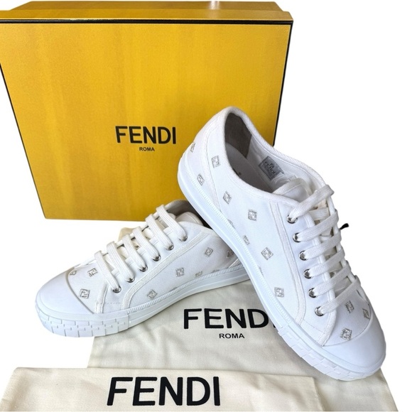 Fendi Domino White Canvas Logo Sneakers Size 40 / US 10 – Pristine Condition - Picture 1 of 16